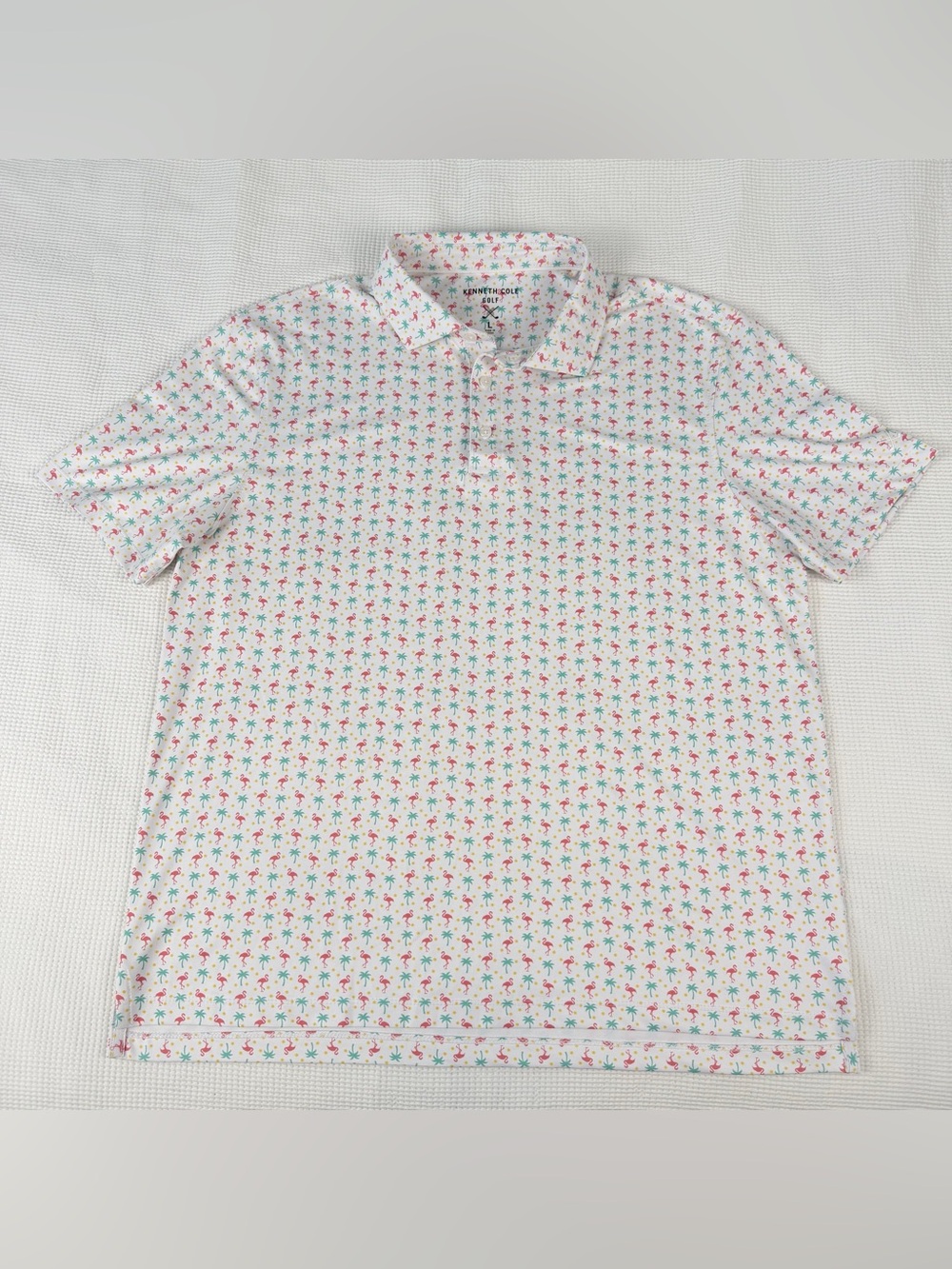 Kenneth Cole Golf White Polo with Pink Flamingo & Teal Palm Motif